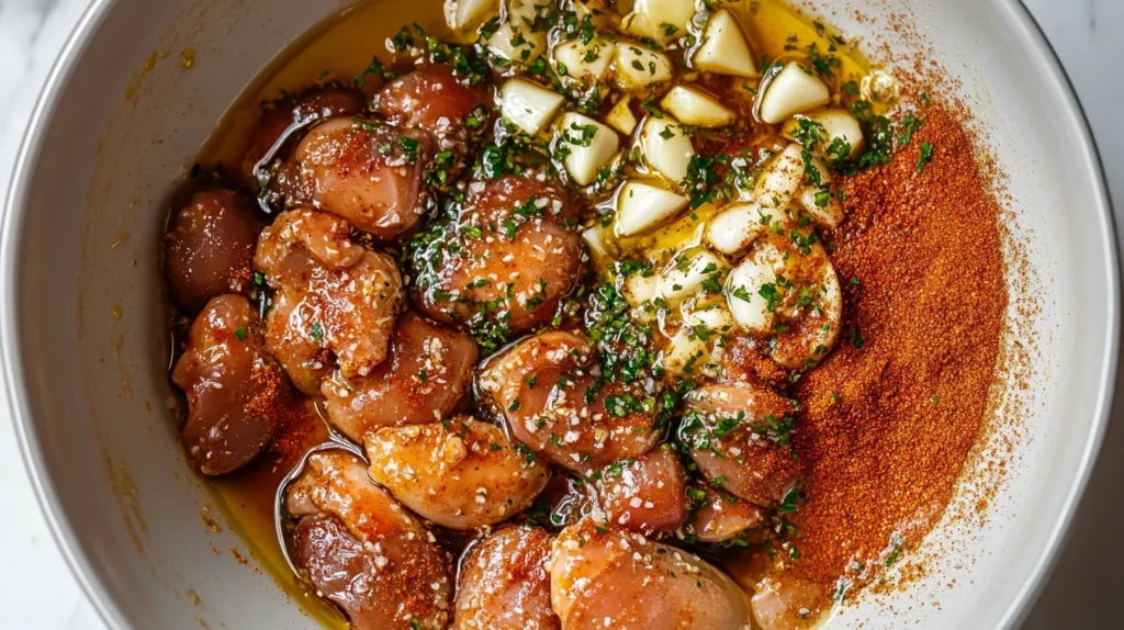 Marinating chicken hearts in a bowl with garlic, oil, and spices