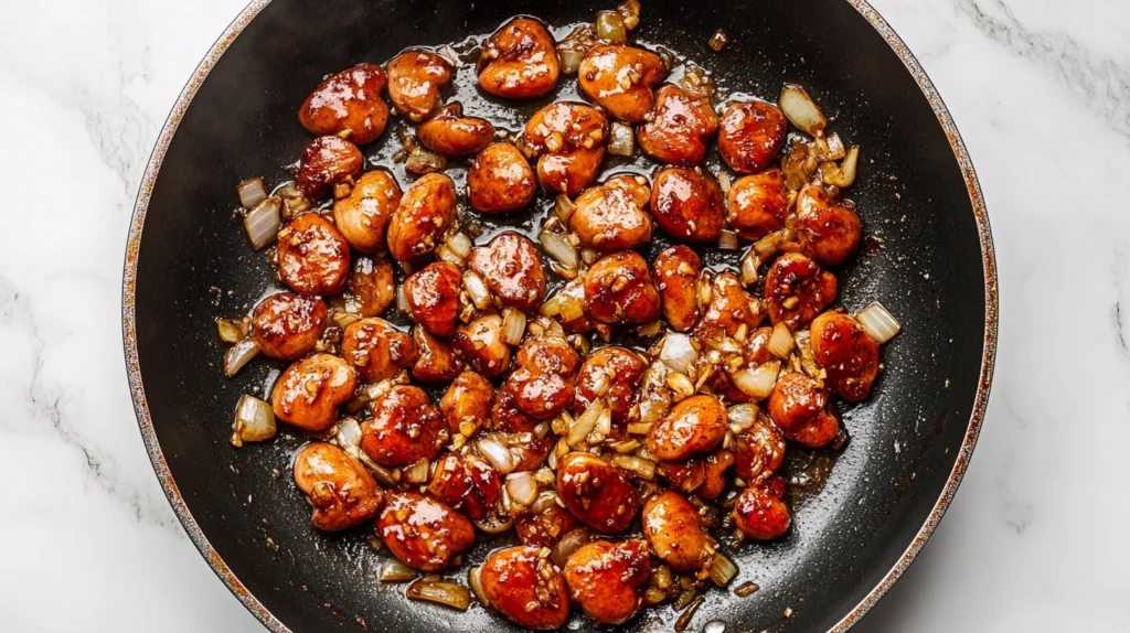 Chicken hearts being sautéed in a skillet with garlic and onions