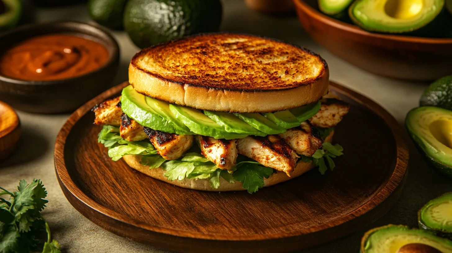 A grilled chipotle chicken avocado melt sandwich