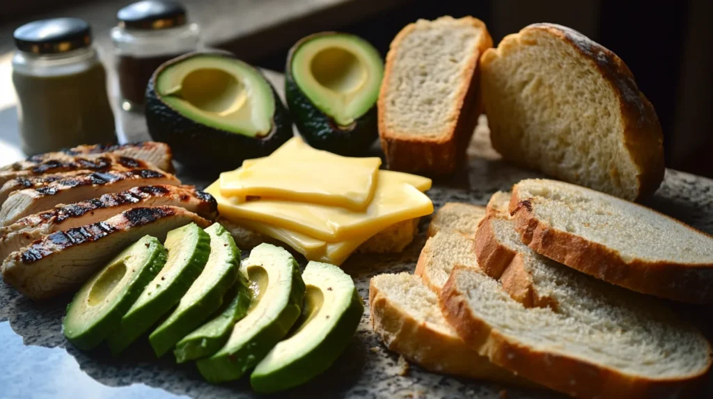 Ingredients for chipotle chicken avocado melt