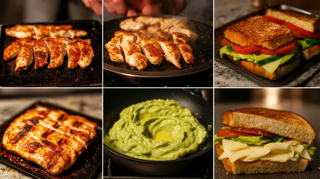 Step-by-step preparation of a chipotle chicken avocado melt