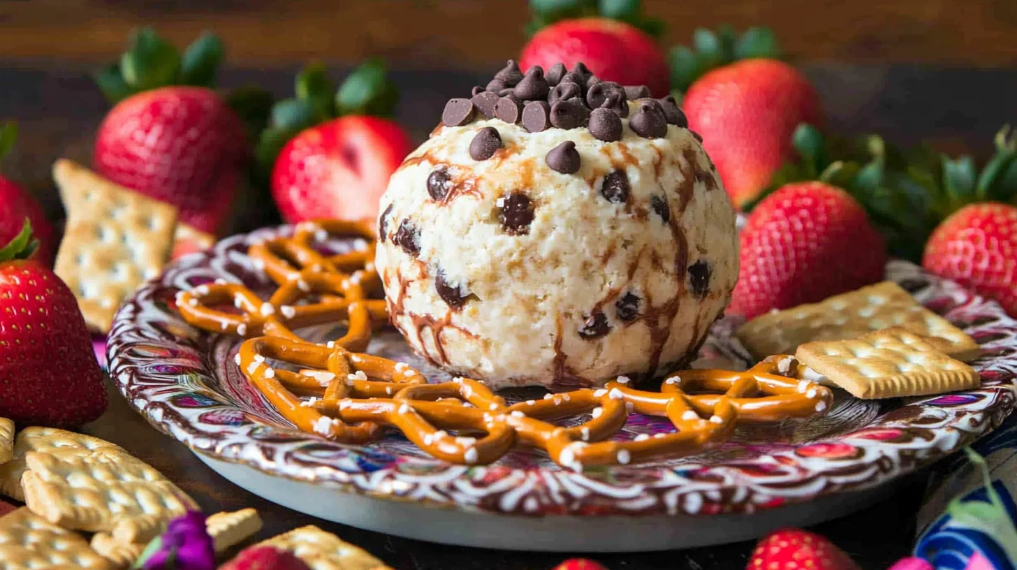 A beautifully styled chocolate chip cheese ball surrounded by dippers.