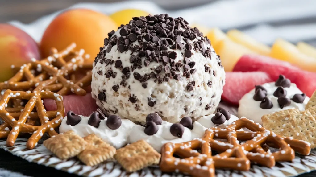 A plated chocolate chip cheese ball ready to serve with dippers.