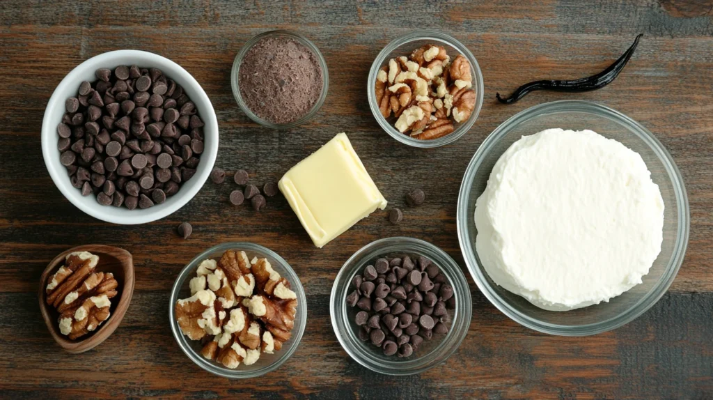 Ingredients for making a chocolate chip cheese ball neatly displayed.