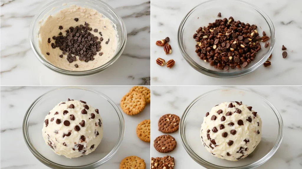 Step-by-step visuals of preparing a chocolate chip cheese ball.