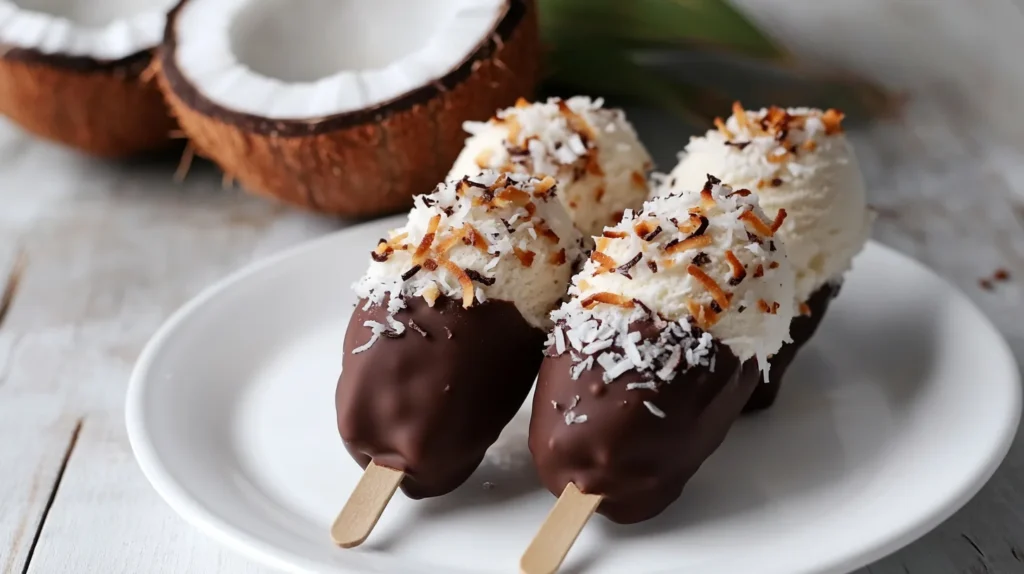 A coconut ice cream bar dipped in chocolate with toasted coconut flakes, served on a dessert plate.