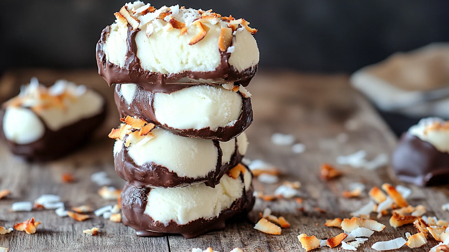 A stack of creamy coconut ice cream bars dipped in chocolate and topped with toasted coconut flakes.