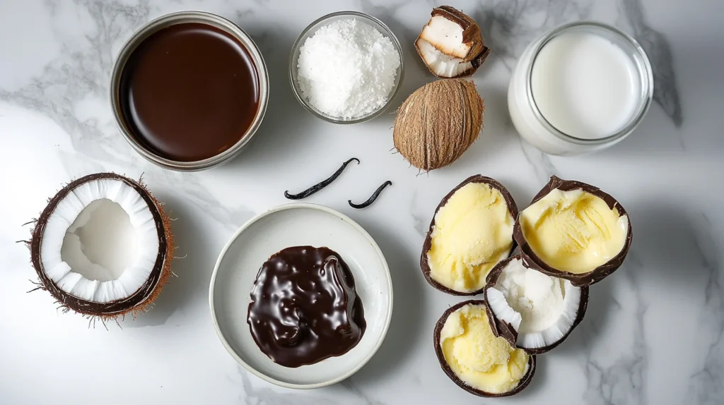 Ingredients for coconut ice cream bars: coconut milk, sugar, vanilla extract, and chocolate.