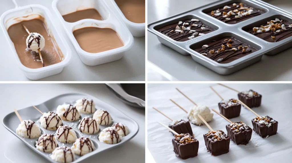 A collage showing four steps to make coconut ice cream bars: mixing ingredients, pouring into molds, freezing, and dipping in chocolate.