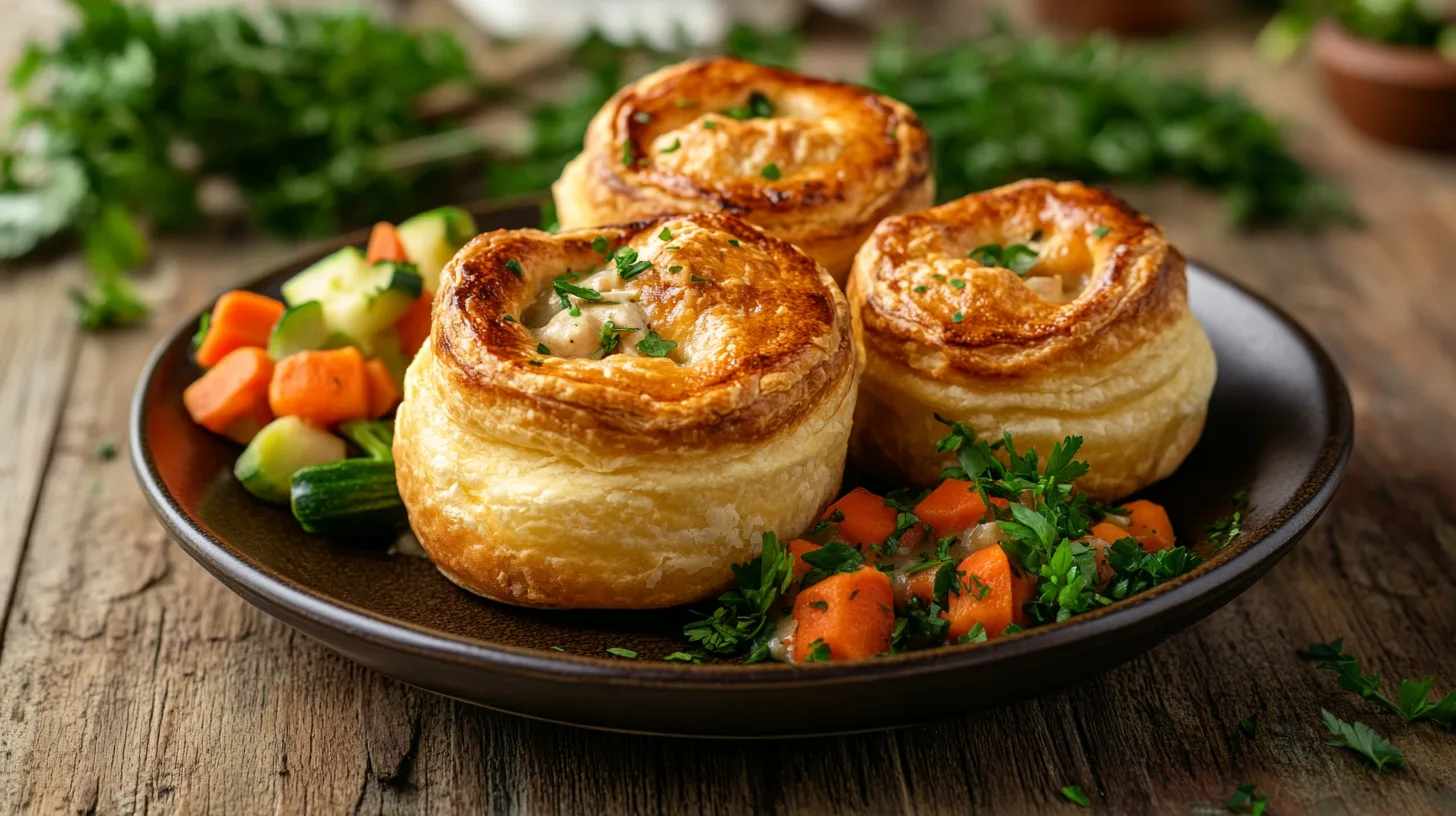 "Plate of chicken pot pie in popovers with fresh herbs on a rustic table."