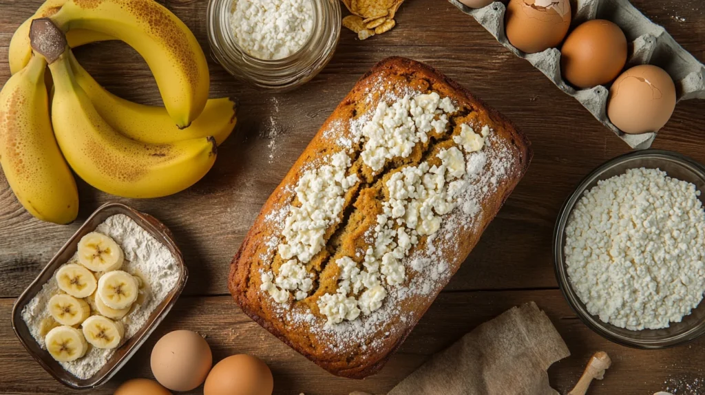 Freshly baked cottage cheese banana bread loaf