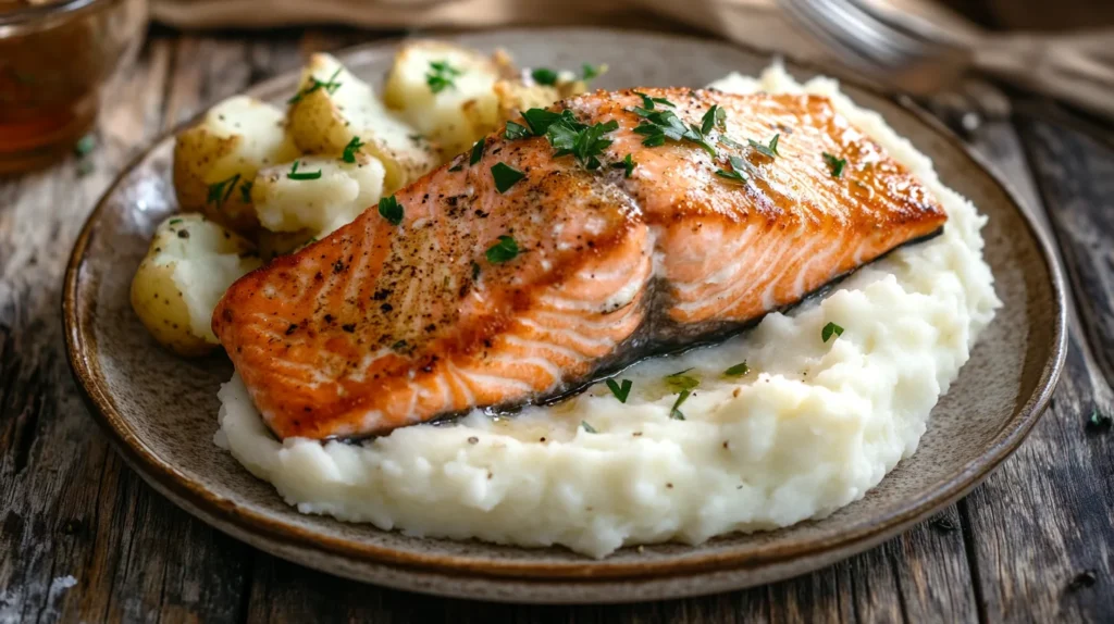 "Golden salmon and creamy mashed potatoes garnished with parsley and lemon wedges."