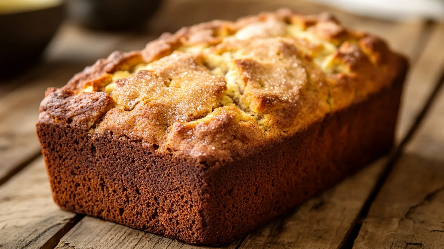 A beautifully baked cream cheese banana bread with cinnamon topping on a wooden table.