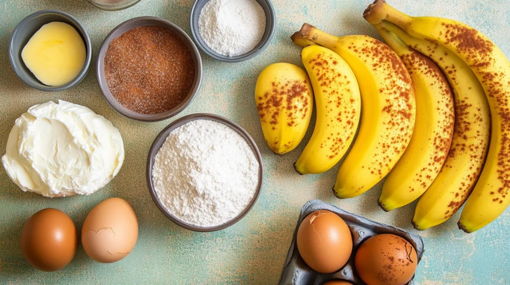 Ingredients for cream cheese banana bread with cinnamon topping displayed neatly.