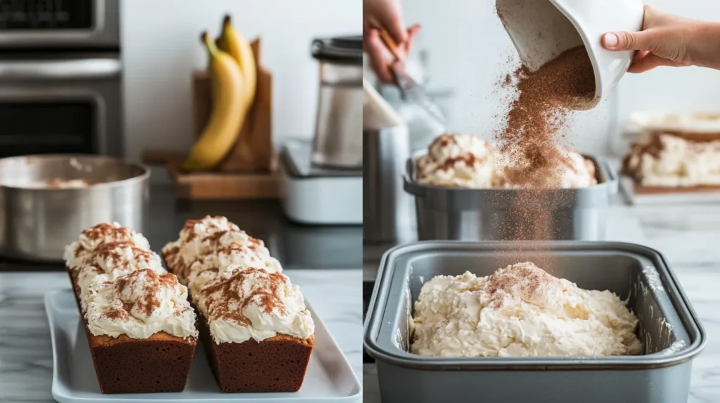 Step-by-step preparation for cream cheese banana bread with cinnamon topping.