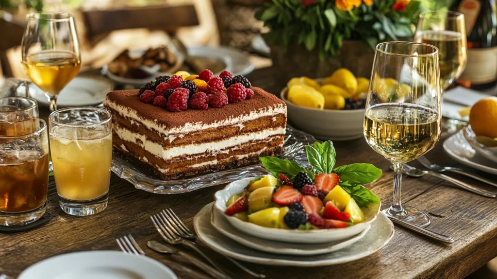 Tiramisu, fruit salad, Chianti wine, Sauvignon Blanc, and lemonade on a rustic Italian table.