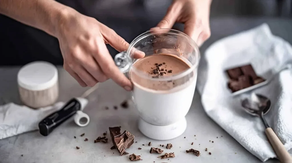 Mixing cocoa powder and milk in a bowl with a whisk