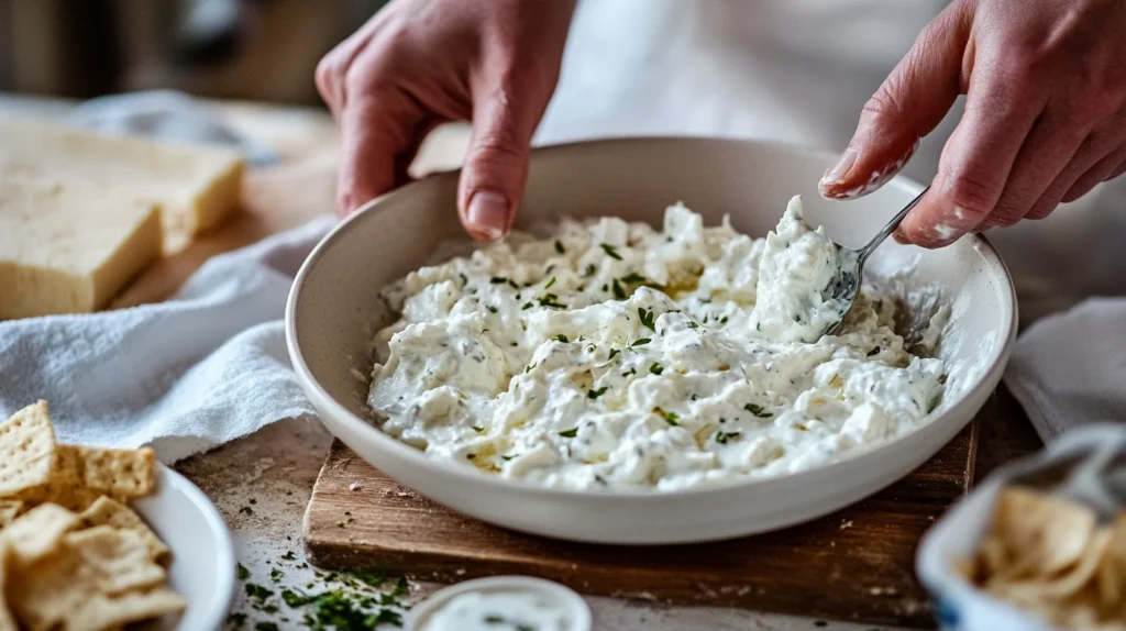 Mixing Hidden Valley Ranch Dip ingredients in a bowl