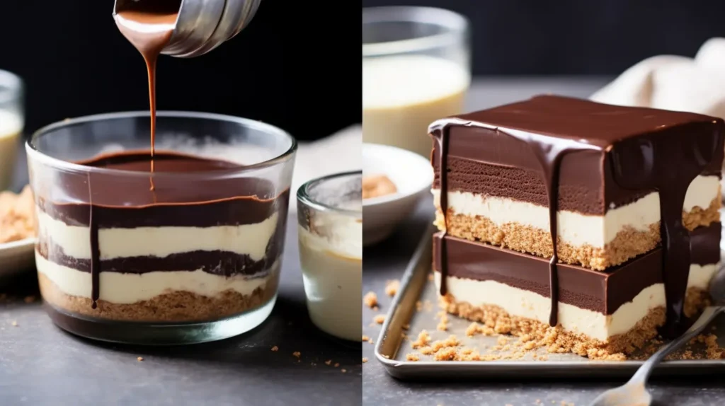 Spreading pudding mixture over graham crackers in a glass dish