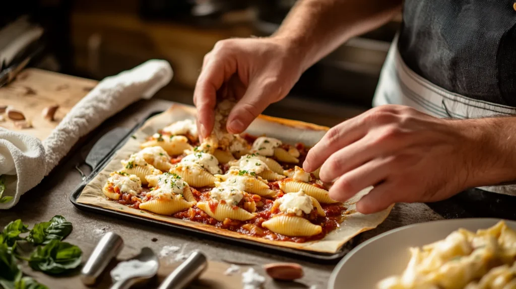 "Step-by-step preparation of Ronzoni stuffed shells"