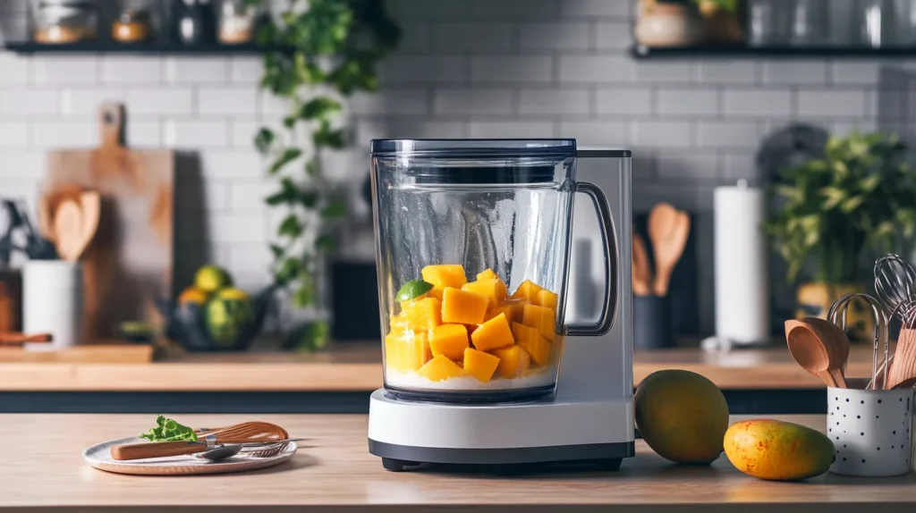 Blender filled with mango chunks, coconut milk, and lime juice blending into a smooth puree on a marble counter.