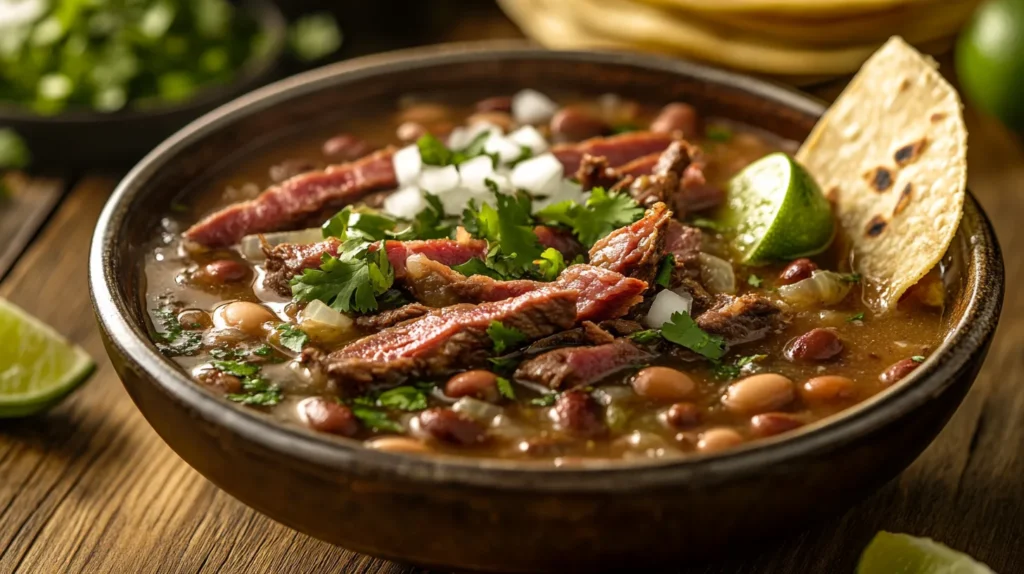 Close-up of carne en su jugo in a ceramic bowl, garnished with onions, cilantro, and lime, served with tortillas on the side.