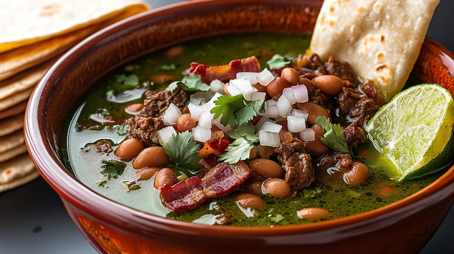 A bowl of carne en su jugo with beef, bacon, beans, and tomatillo broth, garnished with cilantro, onions, and lime, on a rustic table.