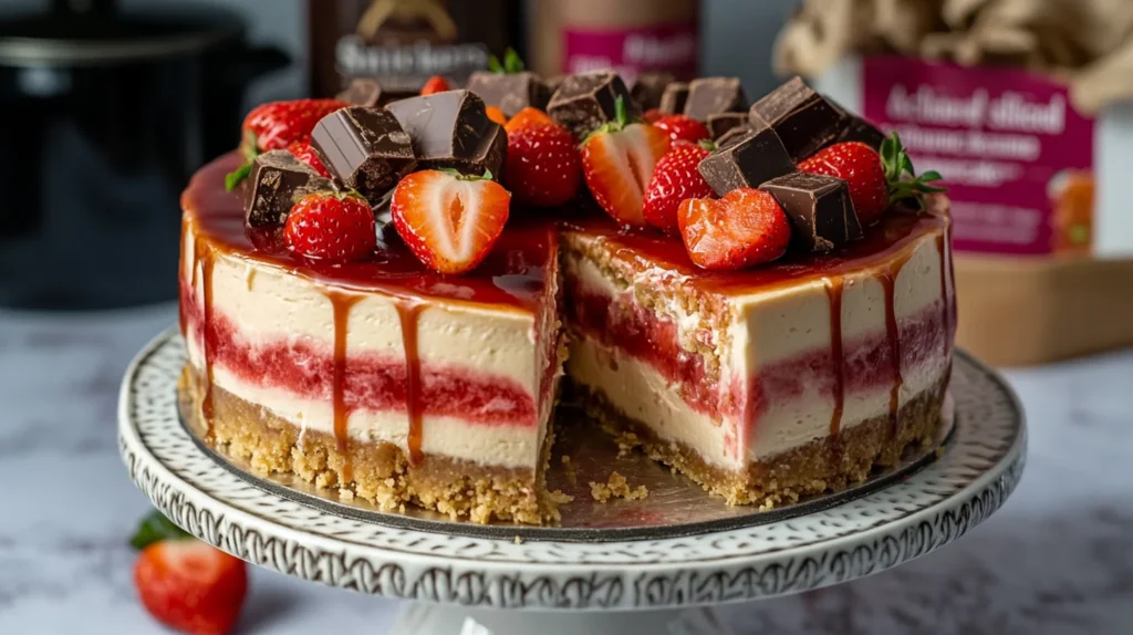 A close-up of a sliced Snickers strawberry cheesecake with layers of cream, strawberries, and Snickers, topped with chocolate drizzle.