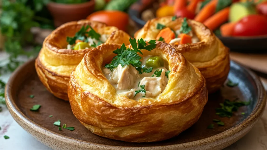 "Four-step process for making chicken pot pie in popovers, from batter to plating."