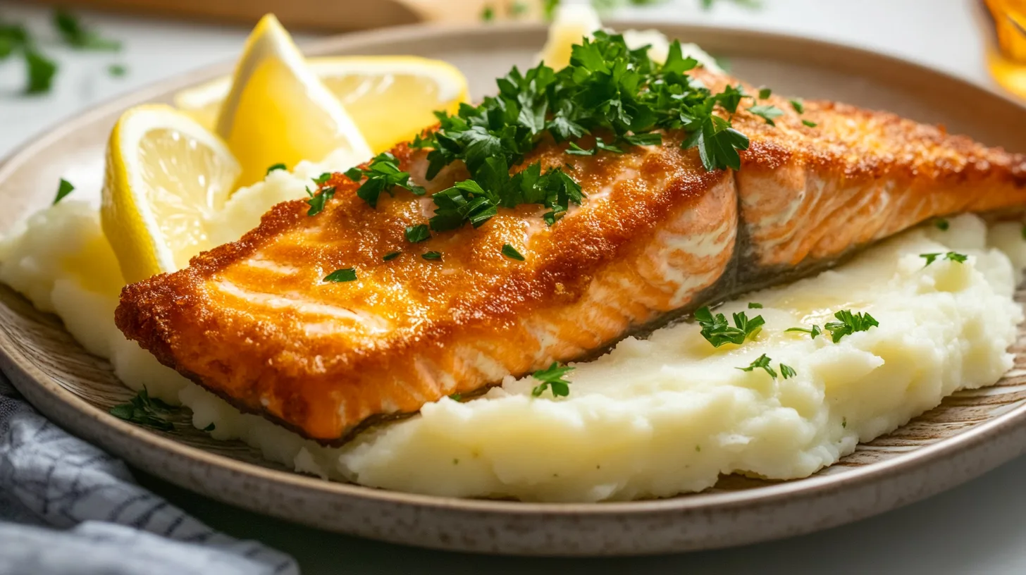 "Plated salmon with mashed potatoes and fresh herbs on a rustic table."