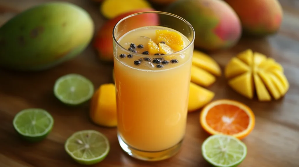 Fresh juice served with tropical fruits