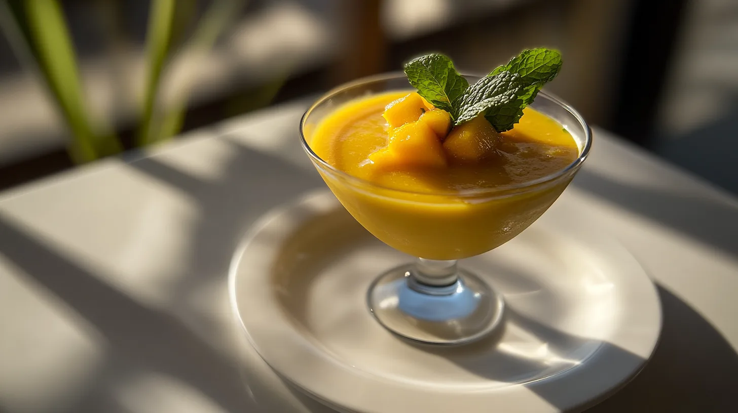 A refreshing glass of mango lassi, surrounded by fresh mangoes, yogurt, and ice cubes on a rustic wooden table.