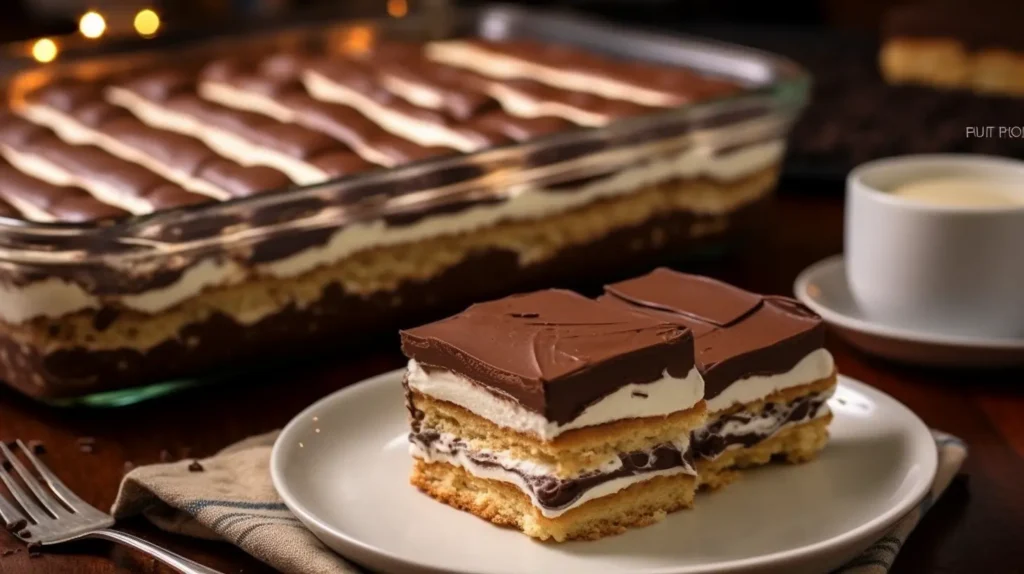 A slice of no-bake éclair dessert showing layers