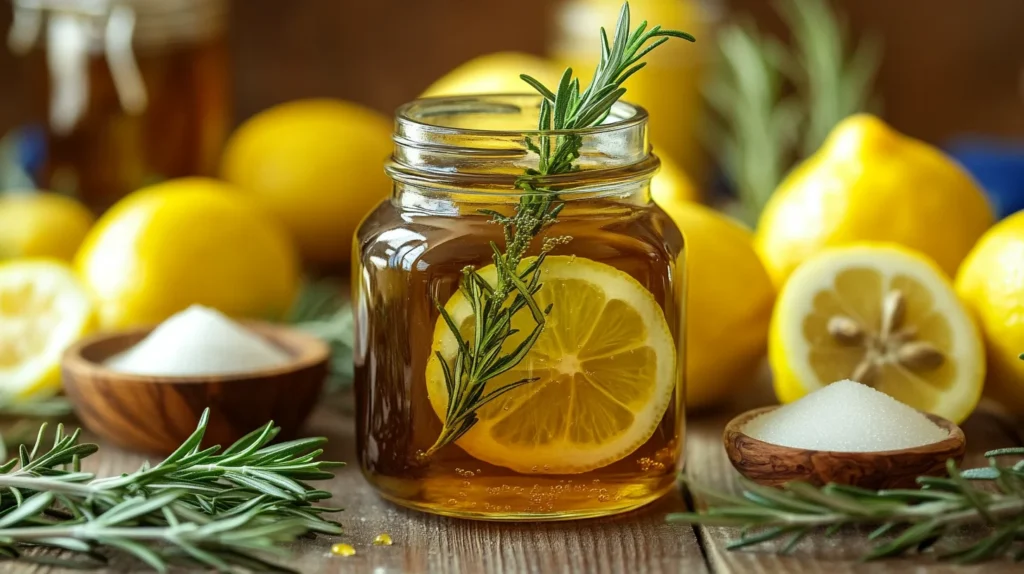 "Jar of finished rosemary simple syrup with a sprig of rosemary inside."