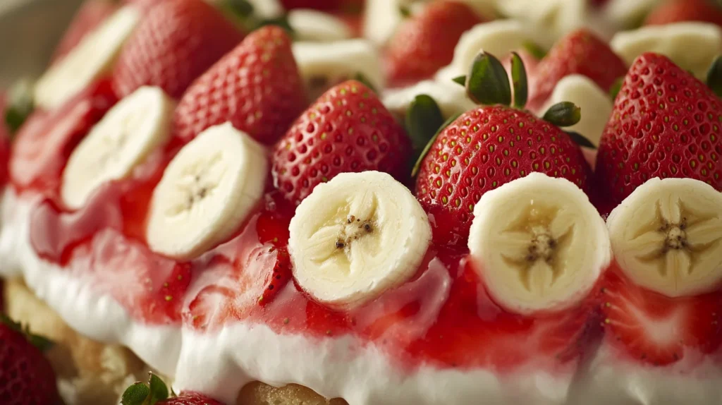 The final serving of strawberry banana pudding in a glass dish with decorative garnishing