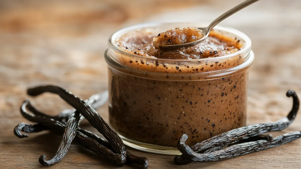 "Finished jar of vanilla paste with a spoon and visible vanilla bean flecks."