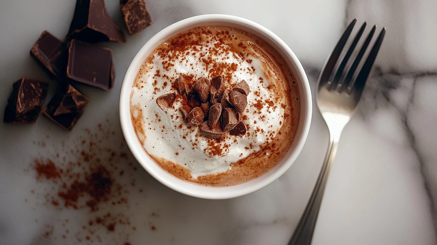 Glass of chocolate milk with whipped cream and cocoa powder garnish