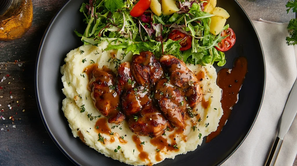 A plated dish served with mashed potatoes and fresh salad.