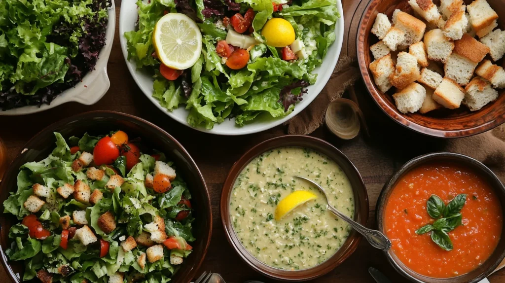 Fresh garden salad, Caesar salad, minestrone soup, and tomato basil soup on a rustic table.