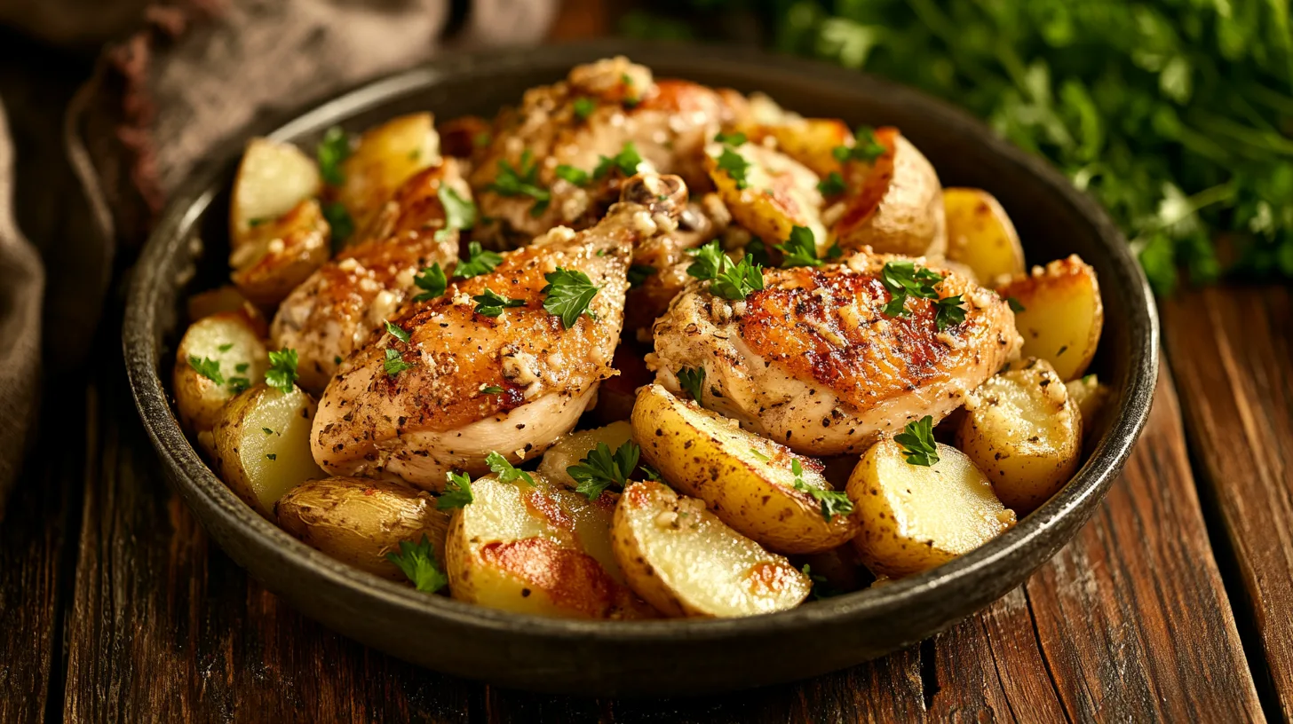 Garlic Parmesan chicken and potatoes on table