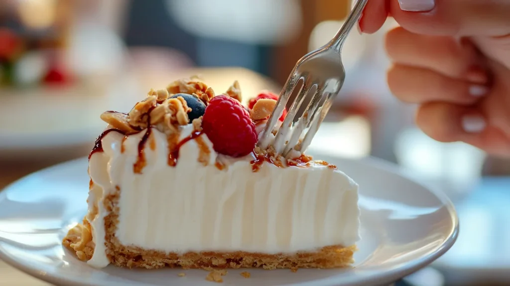 Close-up of Greek yogurt dessert with detailed textures and a serving hand