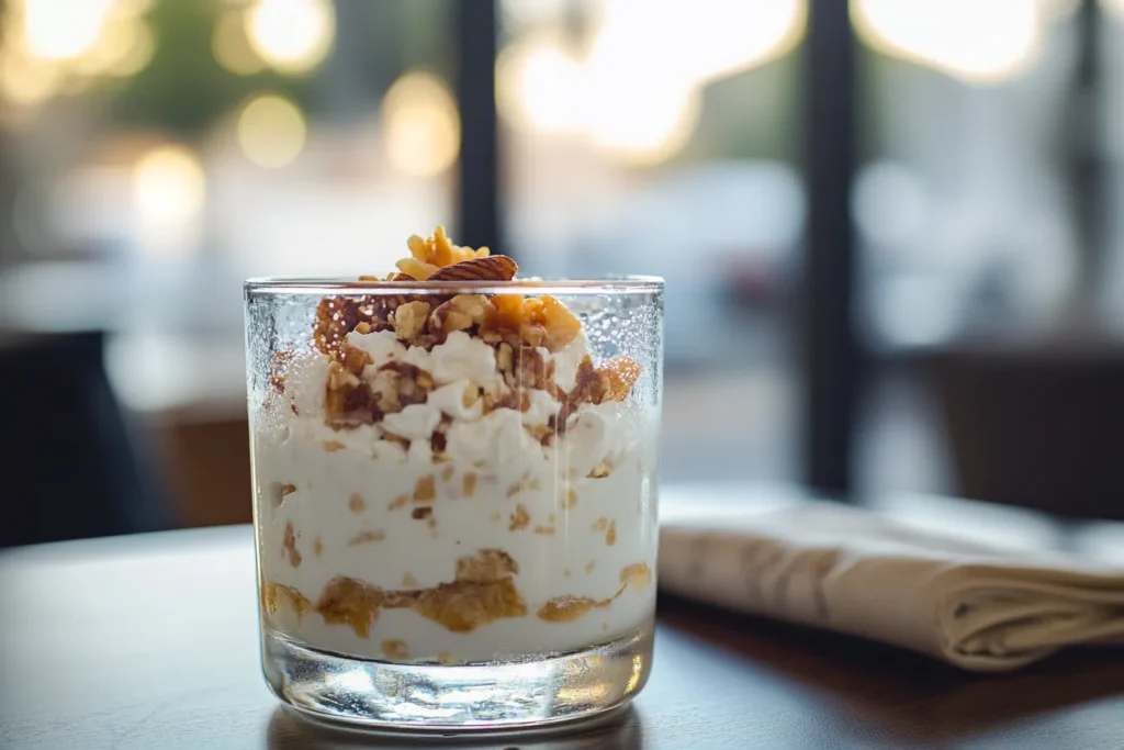 Greek yogurt dessert glass with colorful layers and a refreshing touch