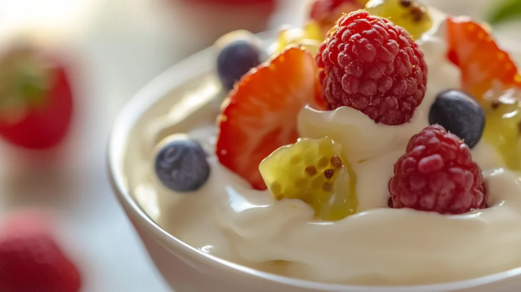 Close-up of a Greek yogurt dessert with fresh berries and honey