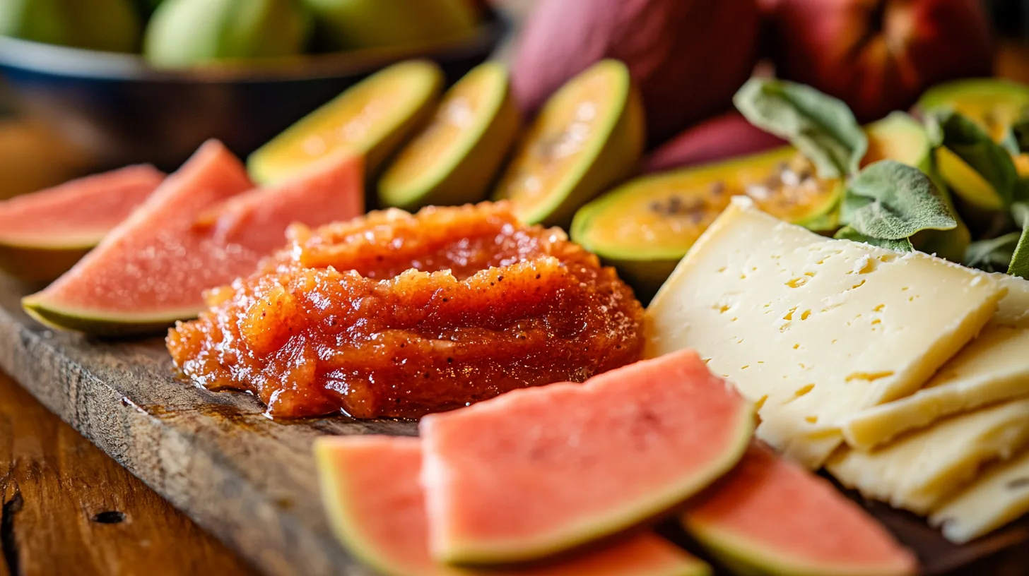 Homemade guava paste served in a rustic kitchen setting