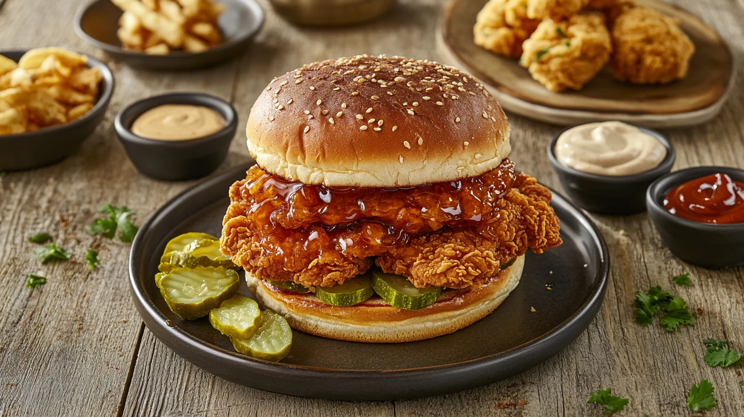 Hot honey chicken sandwich with crispy fried chicken and sweet glaze on a brioche bun.