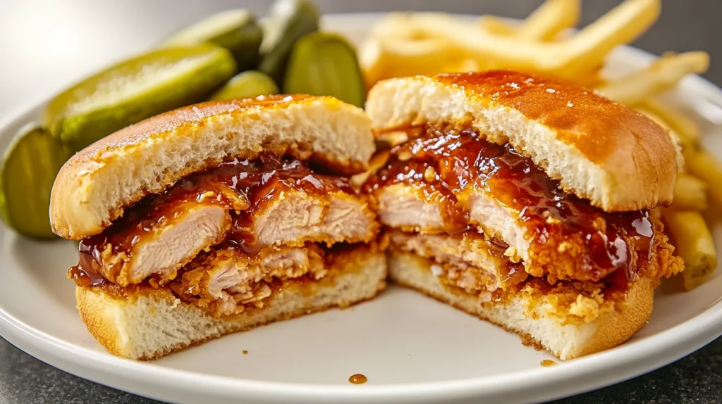 Finished hot honey chicken sandwich sliced and served with pickles and hot sauce.