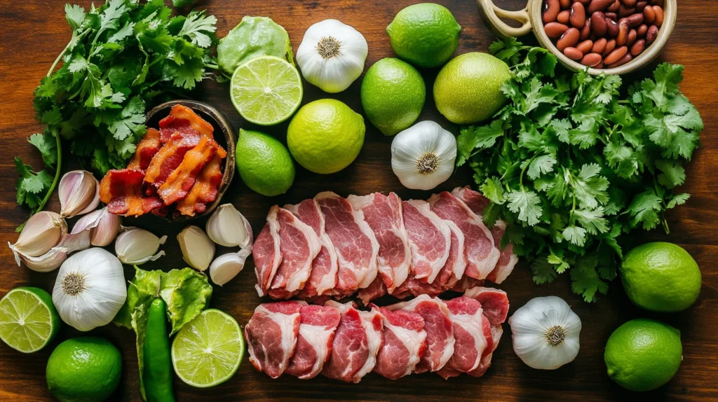 Flat lay of ingredients for carne en su jugo, featuring beef, tomatillos, peppers, cilantro, onions, garlic, and bacon.