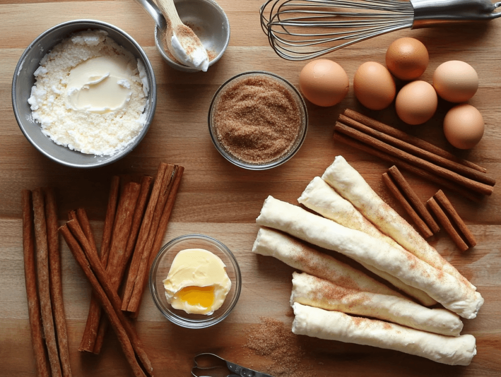 Flat lay of churro cheesecake ingredients on a wooden counter, including cream cheese, eggs, cinnamon, and crescent roll dough.