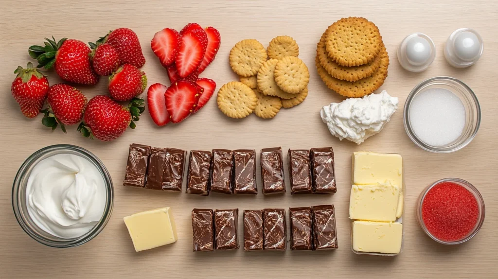 Flat lay of ingredients for Snickers strawberry cheesecake, including Snickers bars, strawberries, cream cheese, and more.