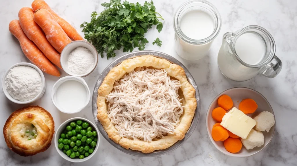 "Flat lay of ingredients for chicken pot pie in popovers on a marble countertop."